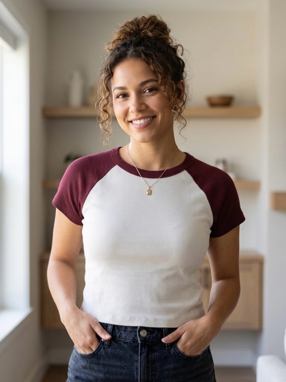 Old Navy Burgundy and Cream Raglan Ribbed Crop Top